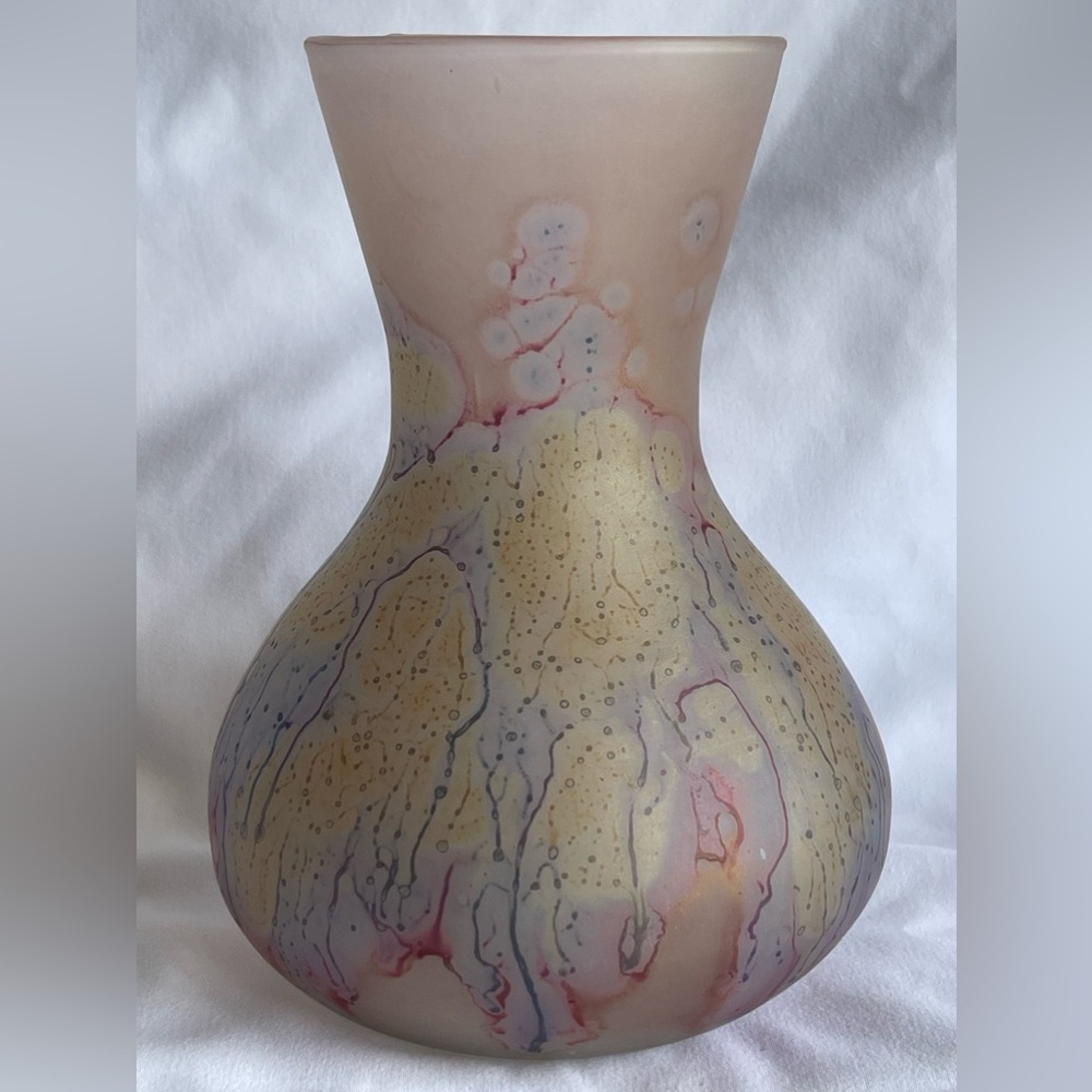 Vintage Simron Israel Handstained Artistic Abstract FrostedGlass Vase Watercolor